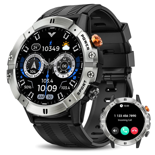 Smart Watches for Men Bluetooth Call Military Smart Watch Waterproof Fitness Tracker with Heart Rate/Blood Oxygen/Sleep Monitor/124 Sports Modes Tactical Watch for Android Phones & iPhone (Silver)