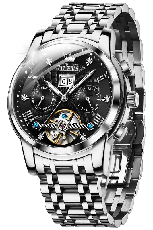 OLEVS Automatic Watches for Men Diamond Skeleton Mechanical Tourbillon Silver Black Self Winding Luxury Dress Wrist Watches Calendar Luminous Waterproof