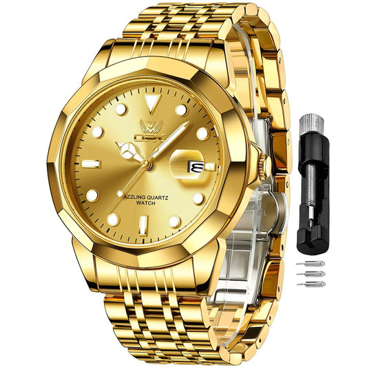 OPK Men Gold Watch Business Dress Large Analog Stainless Steel Watches for Men Day Waterproof Luminous Casual Mens Wrist Watches